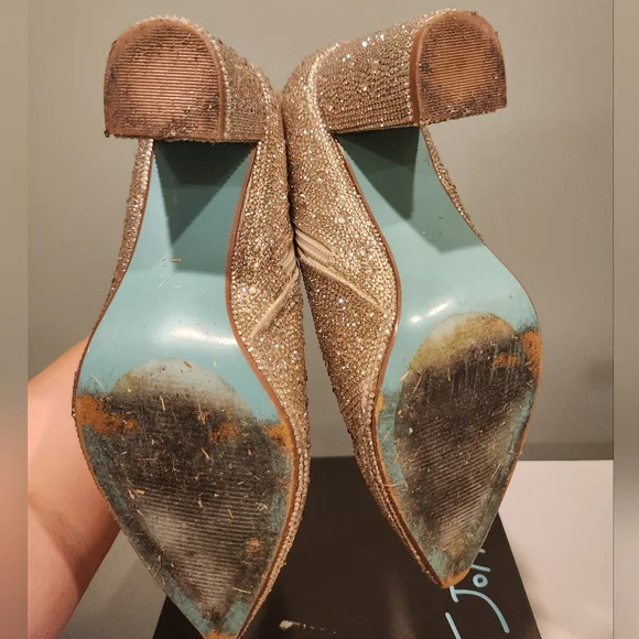 LIGHT GOLD RHINESTONE BLOCK HEEL BOOTIE|  BETSEY JOHNSON, size 7.5 - Picture 4 of 16